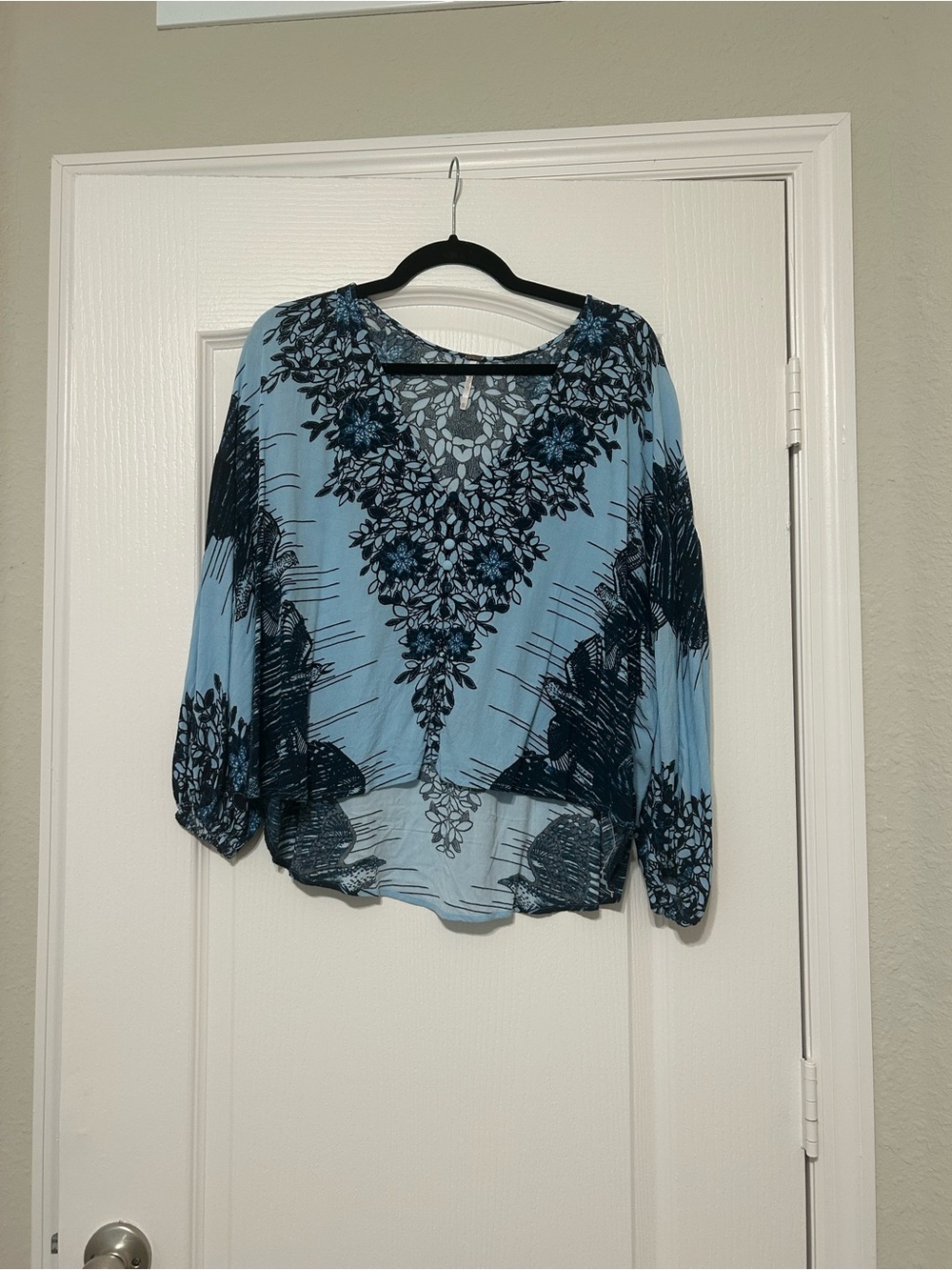 Free People Pale Blue Floral V-Neck Peasant Blouse